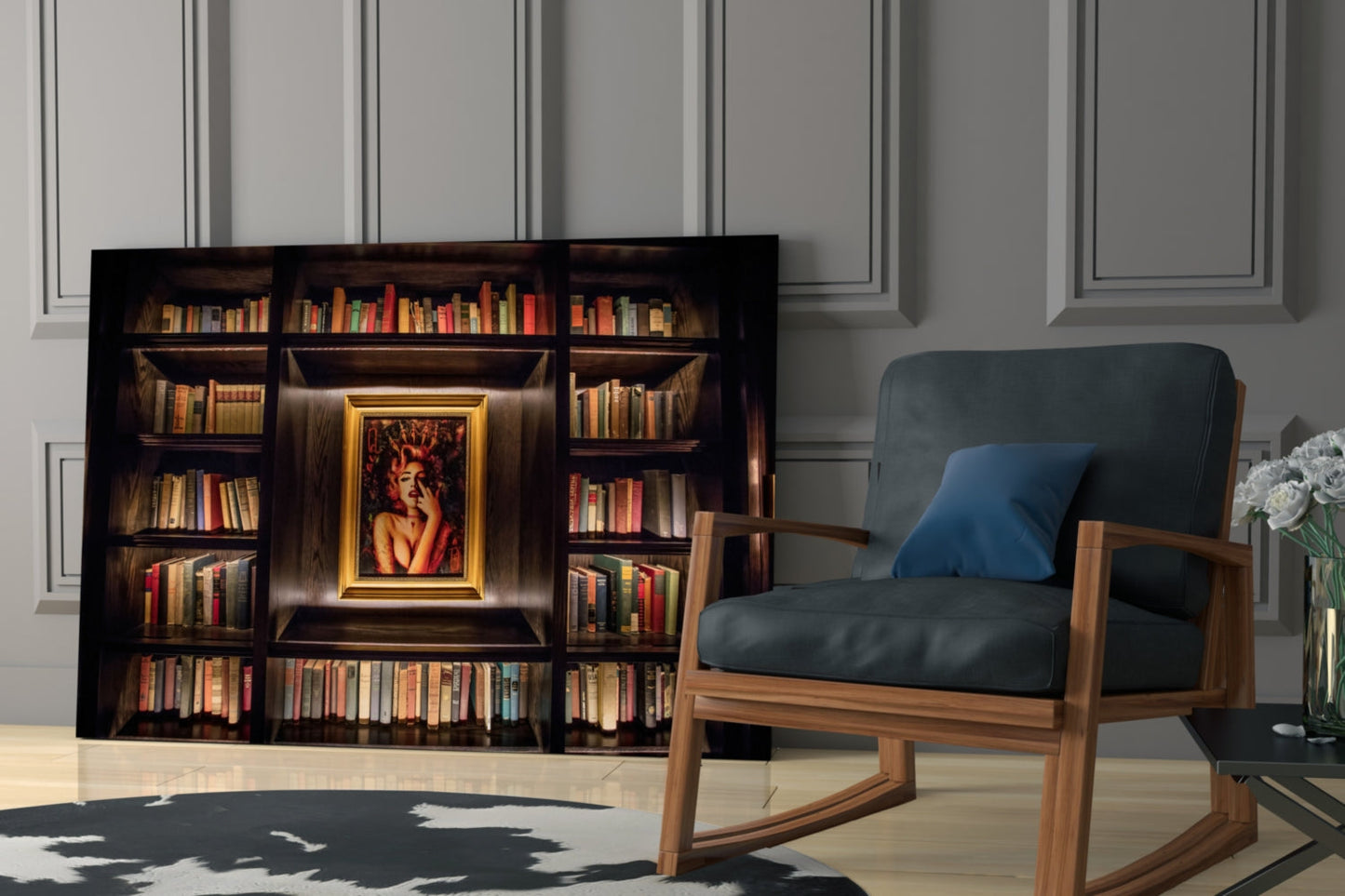 Dark wooden bookshelf with gold-framed portrait and colorful books, positioned in modern room with blue chair and white wall paneling.