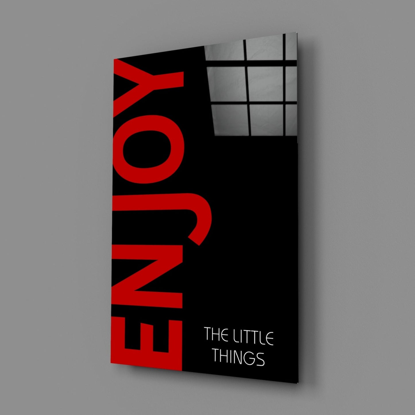 Red Enjoy Typography On Black Glass Wall Art