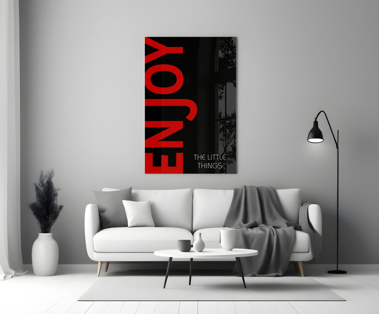 Red Enjoy Typography On Black Glass Wall Art
