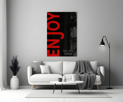 Red Enjoy Typography On Black Glass Wall Art