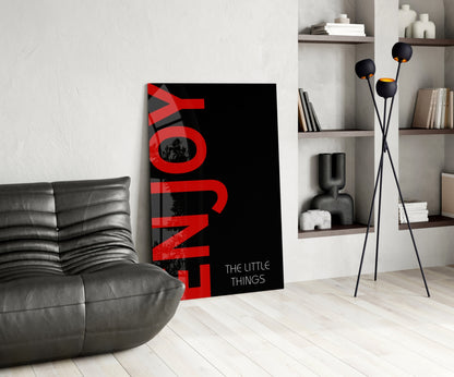 Red Enjoy Typography On Black Glass Wall Art