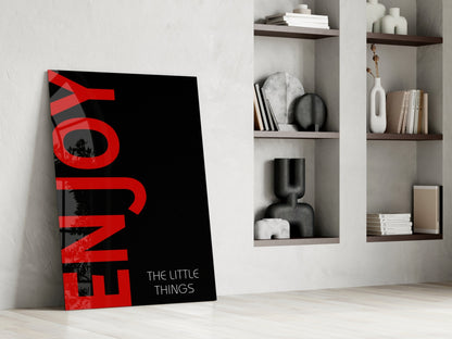 Red Enjoy Typography On Black Glass Wall Art