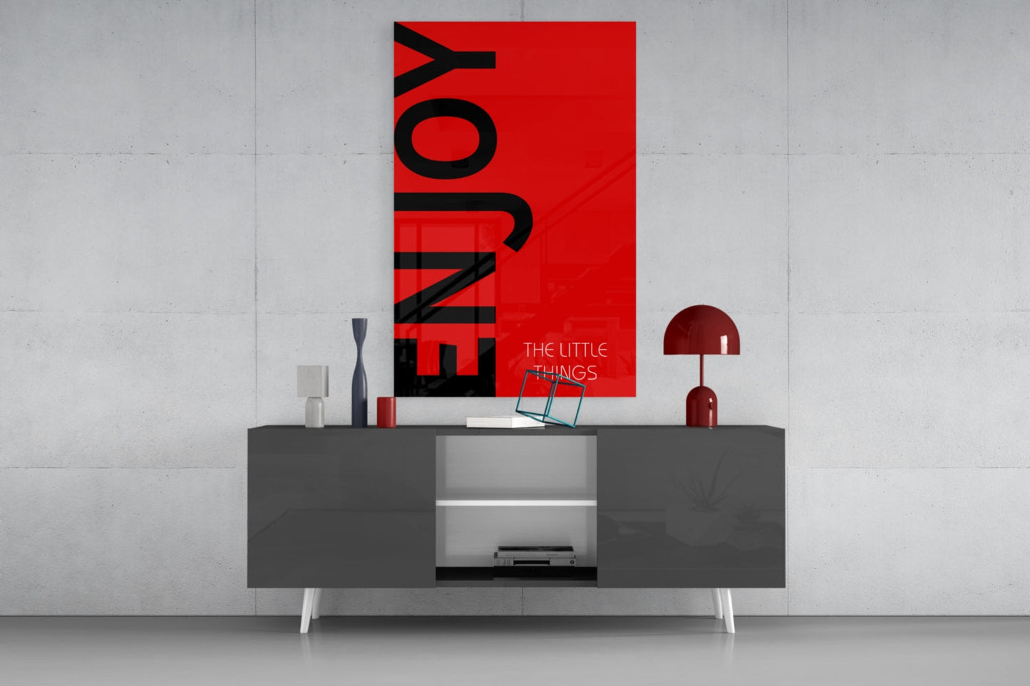 Bold Enjoy Typography On Red Glass Wall Art