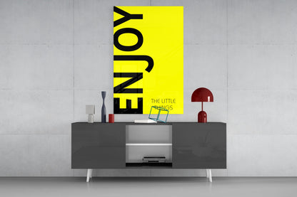 Bold Enjoy Typography On Yellow Glass Wall Art