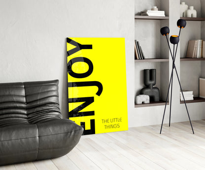 Bold Enjoy Typography On Yellow Glass Wall Art