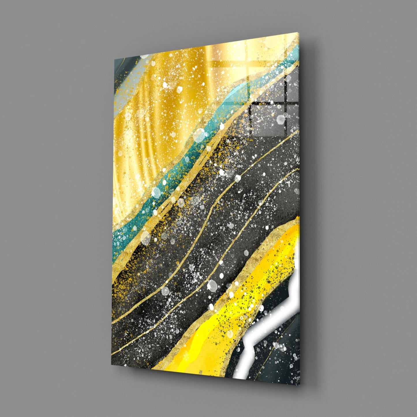Yellow Black Diagonal Splatter Marble Glass Wall Art