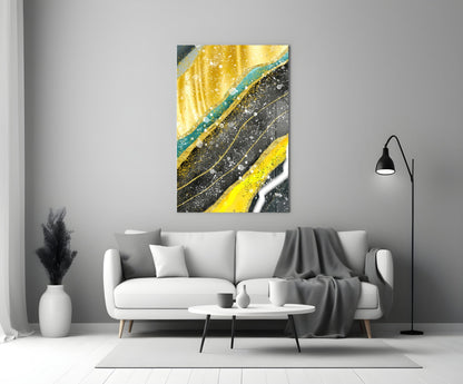 Yellow Black Diagonal Splatter Marble Glass Wall Art