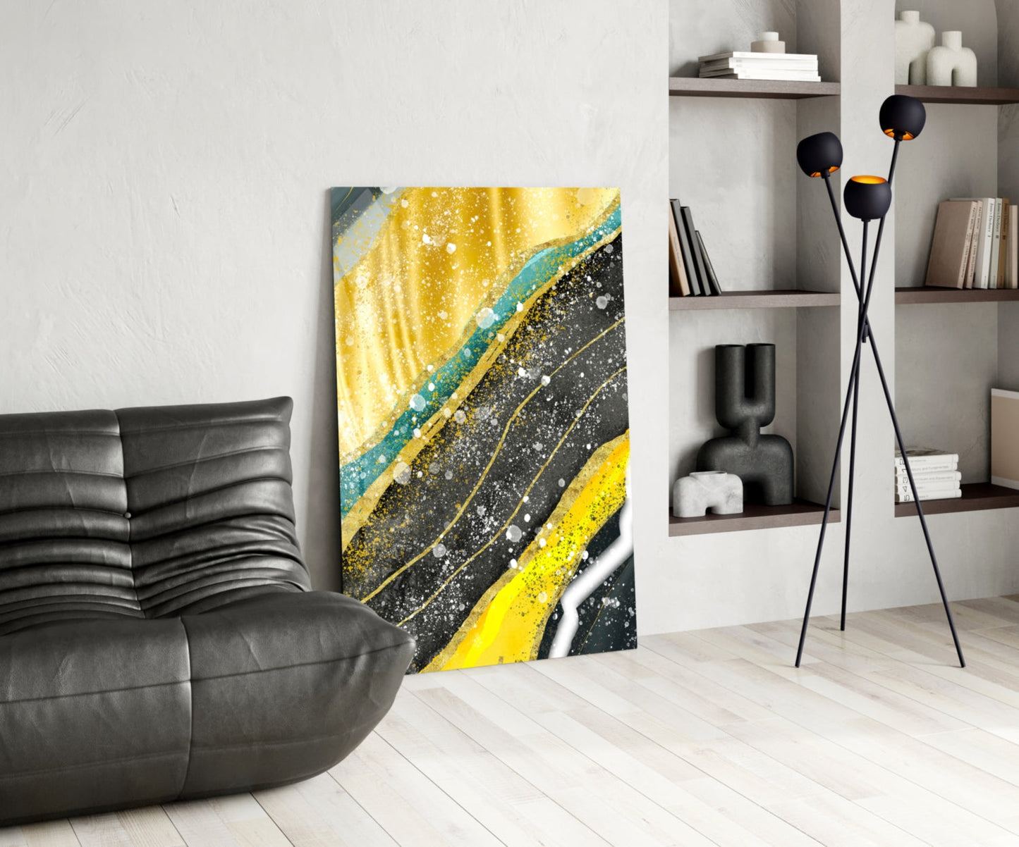 Yellow Black Diagonal Splatter Marble Glass Wall Art