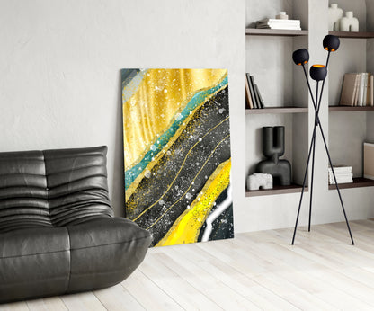 Yellow Black Diagonal Splatter Marble Glass Wall Art