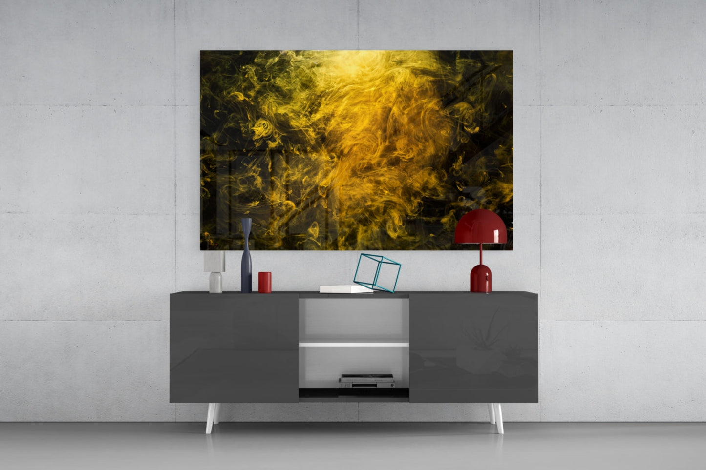 Golden Yellow Swirling Smoke Cloud Glass Wall Art