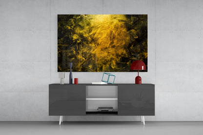 Golden Yellow Swirling Smoke Cloud Glass Wall Art