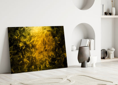 Golden Yellow Swirling Smoke Cloud Glass Wall Art