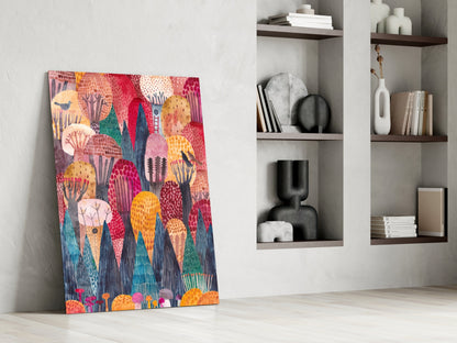 Whimsical Folk Art Pink Domed Trees Glass Wall Art