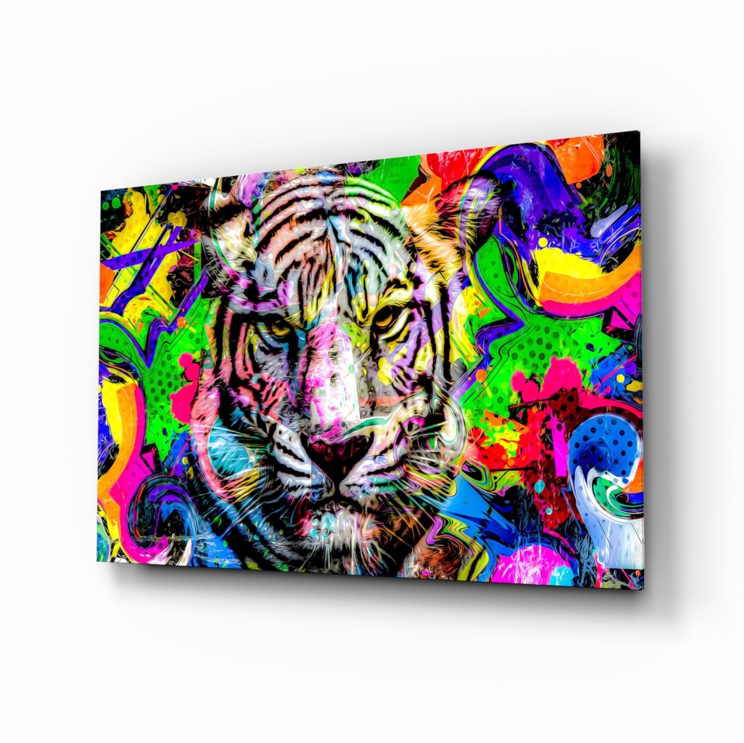 Colorful glass wall art featuring a tiger's face surrounded by vibrant abstract swirls in neon green, pink, blue, yellow, and orange.