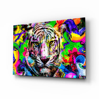Colorful glass wall art featuring a tiger's face surrounded by vibrant abstract swirls in neon green, pink, blue, yellow, and orange.