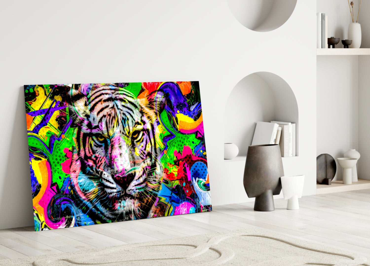 Colorful pop art tiger glass panel leaning against white wall in minimalist room setting.