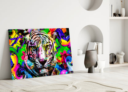 Colorful pop art tiger glass panel leaning against white wall in minimalist room setting.