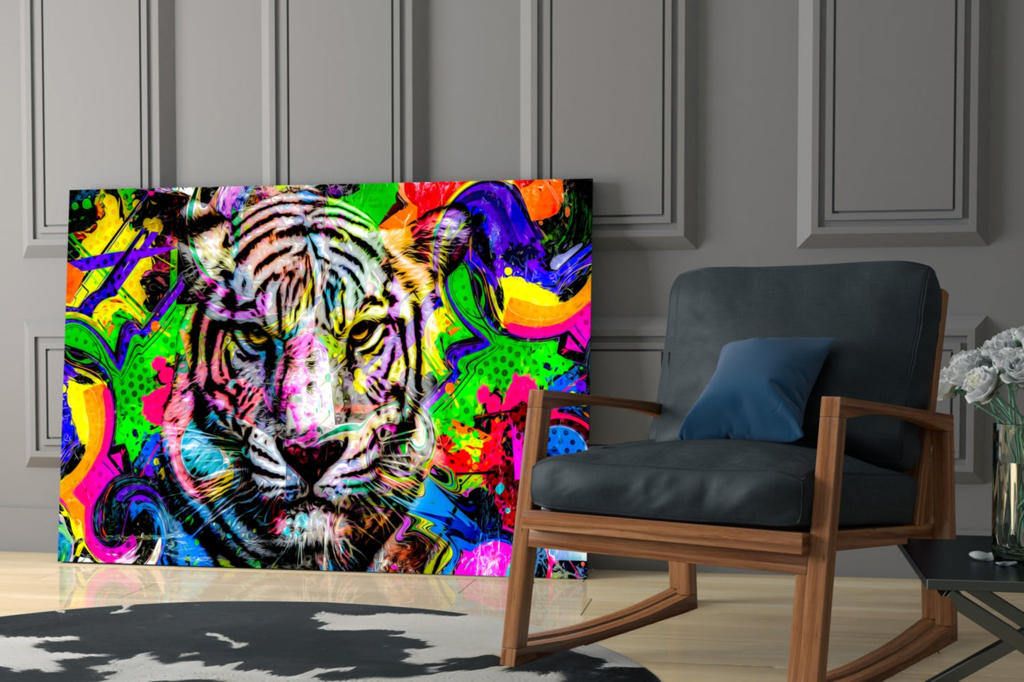 Vibrant multicolored glass wall art featuring a tiger's face surrounded by abstract neon patterns displayed in a modern interior setting.