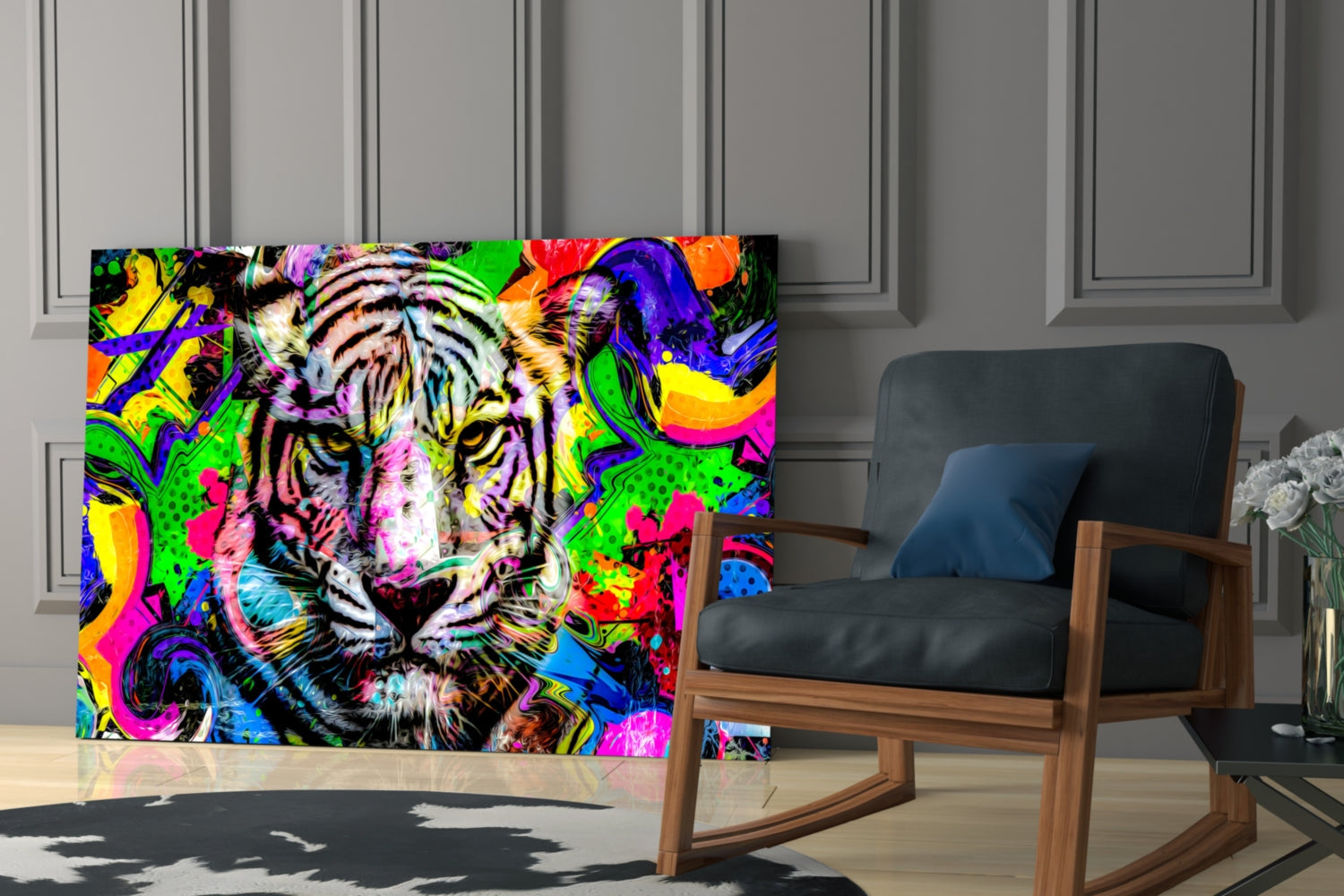 Vibrant multicolored glass wall art featuring a tiger's face surrounded by abstract neon patterns displayed in a modern interior setting.