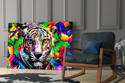 Vibrant multicolored glass wall art featuring a tiger's face surrounded by abstract neon patterns displayed in a modern interior setting.
