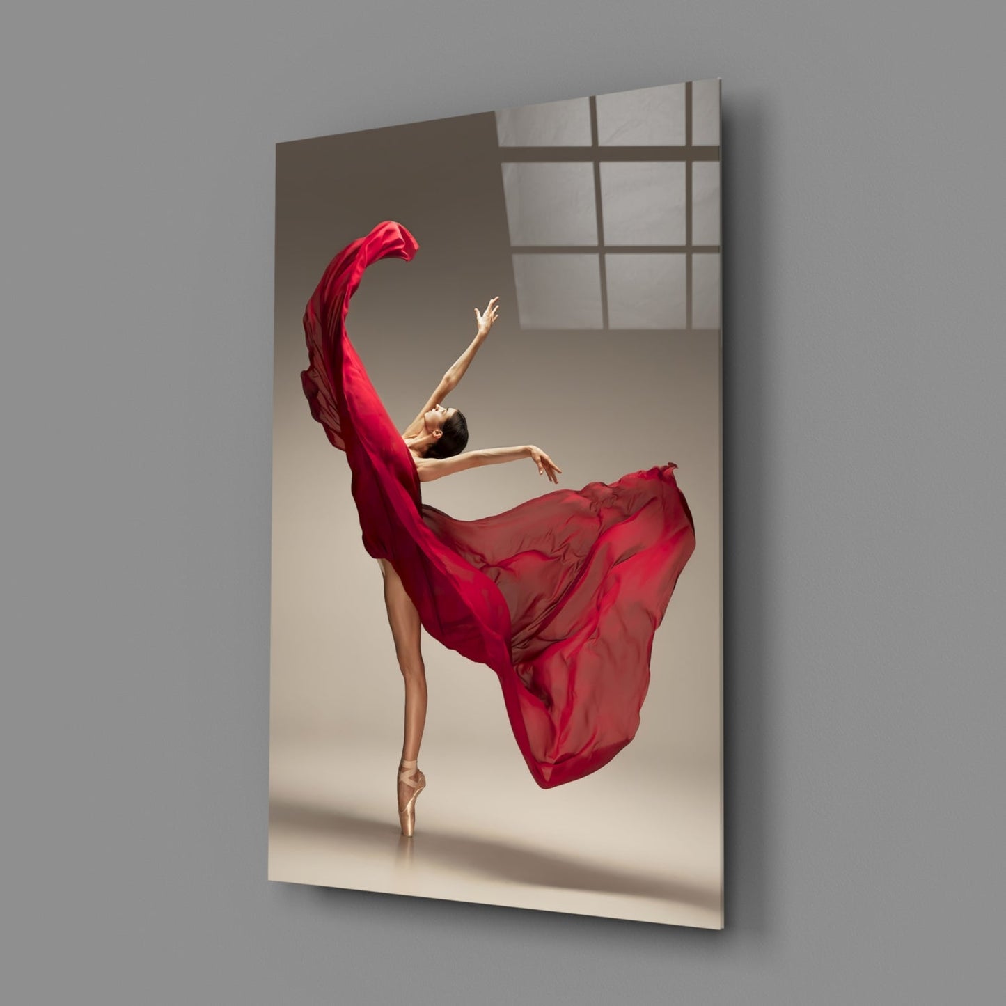 Red Gown Arabesque Ballerina Glass Wall Art