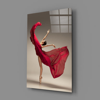 Red Gown Arabesque Ballerina Glass Wall Art