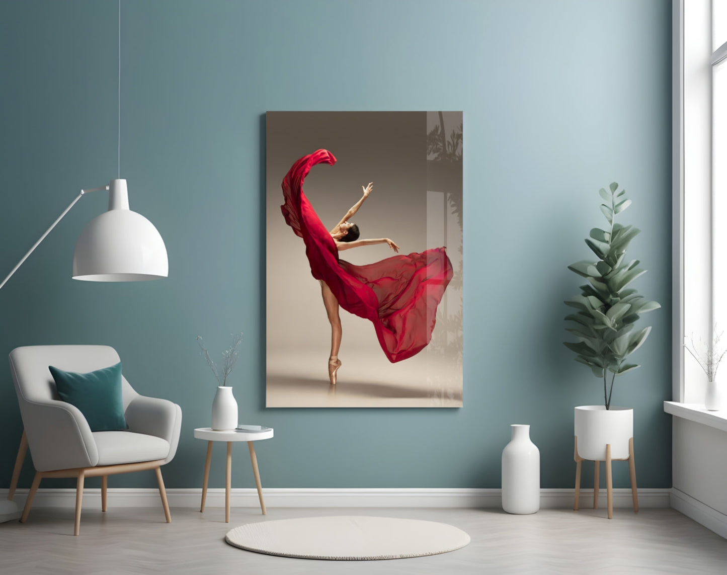 Red Gown Arabesque Ballerina Glass Wall Art