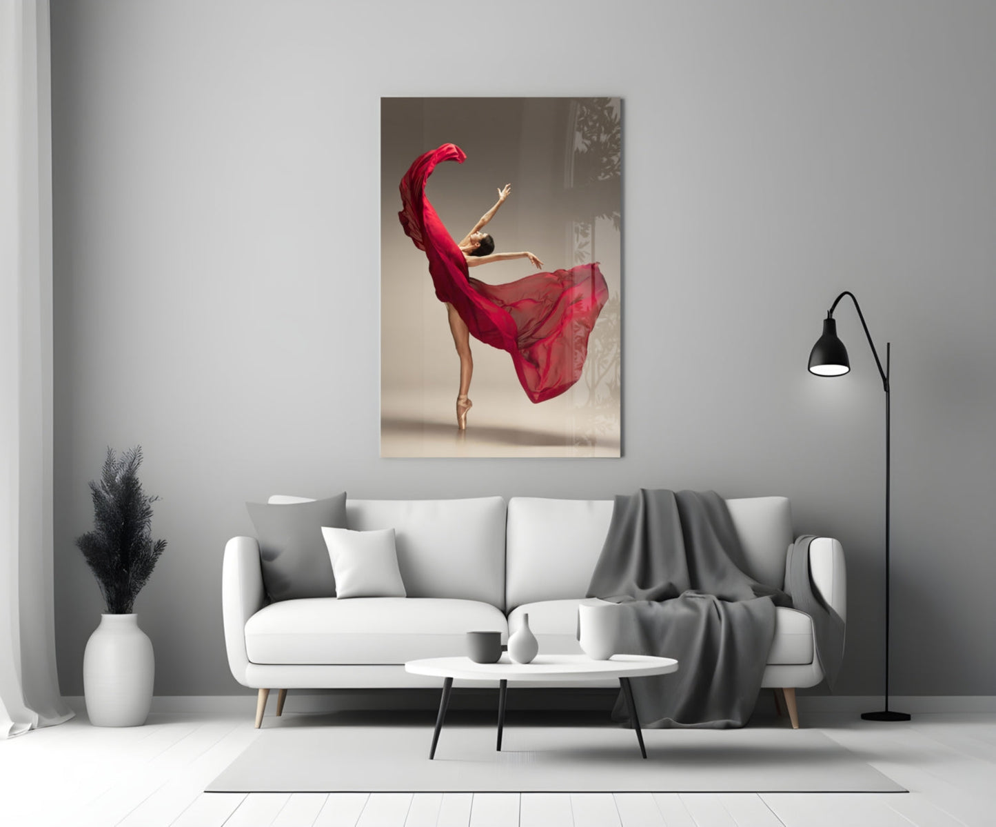 Red Gown Arabesque Ballerina Glass Wall Art