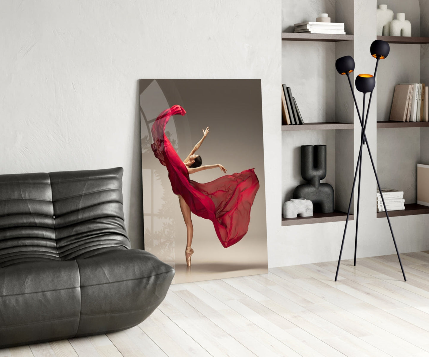 Red Gown Arabesque Ballerina Glass Wall Art