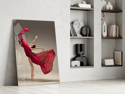 Red Gown Arabesque Ballerina Glass Wall Art