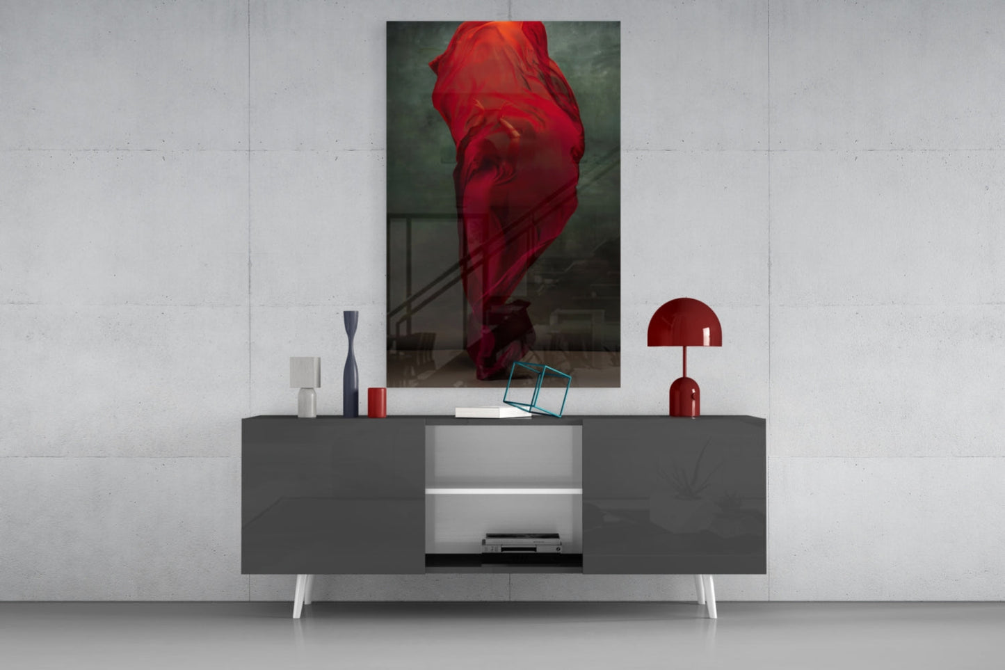 Crimson Silk Veil Dancer Glass Wall Art
