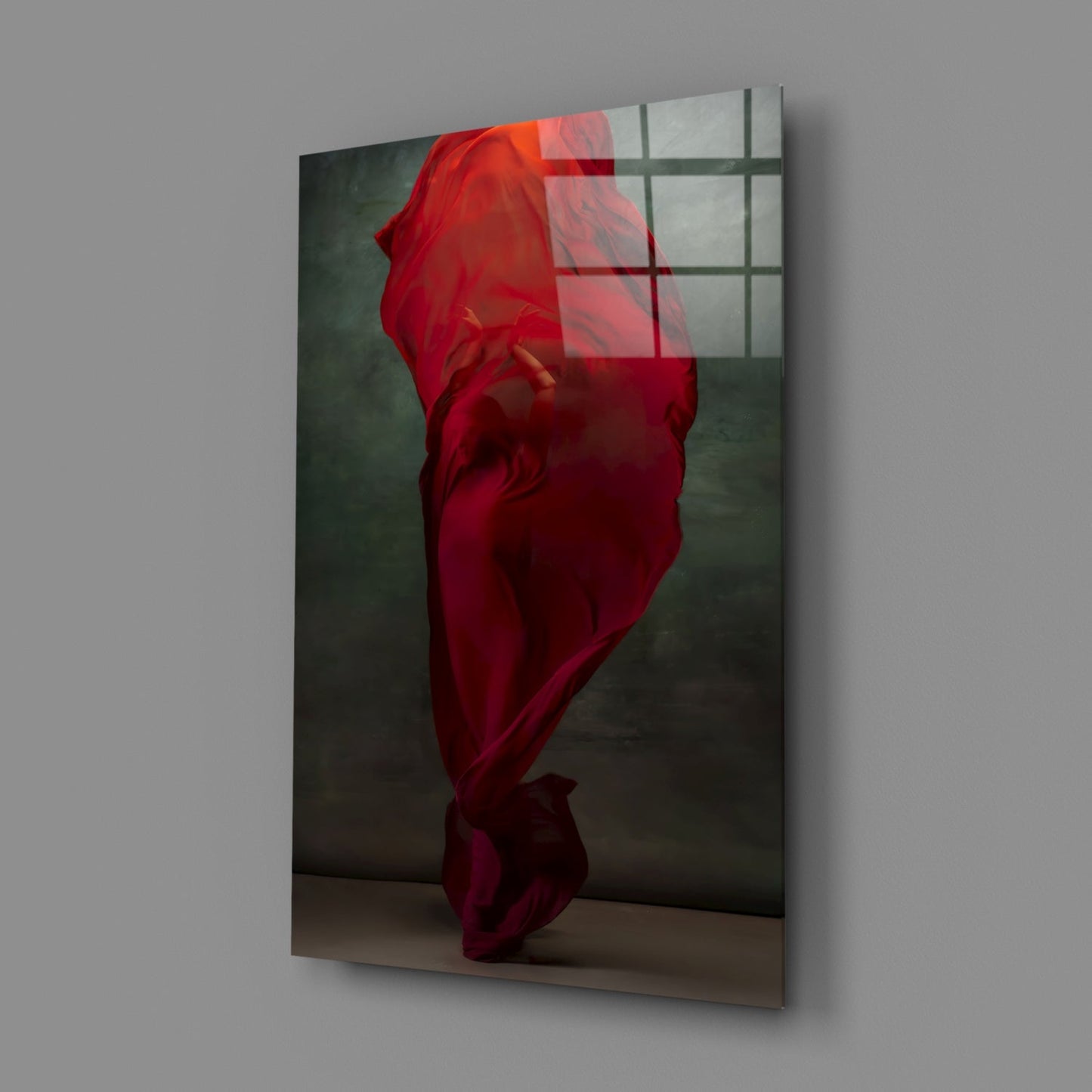 Crimson Silk Veil Dancer Glass Wall Art