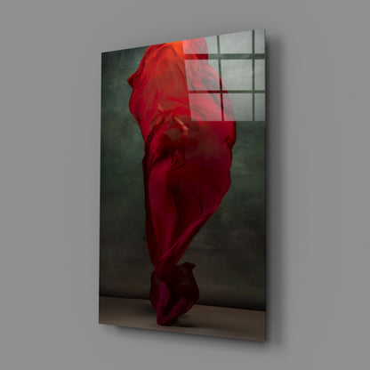 Crimson Silk Veil Dancer Glass Wall Art