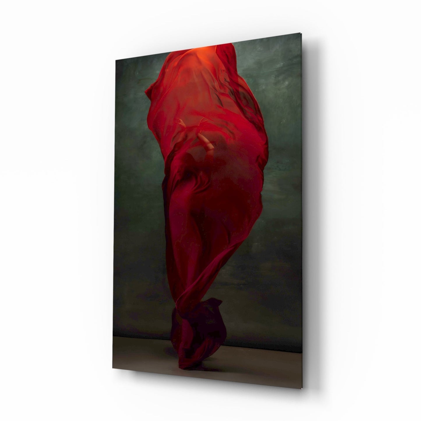 Crimson Silk Veil Dancer Glass Wall Art