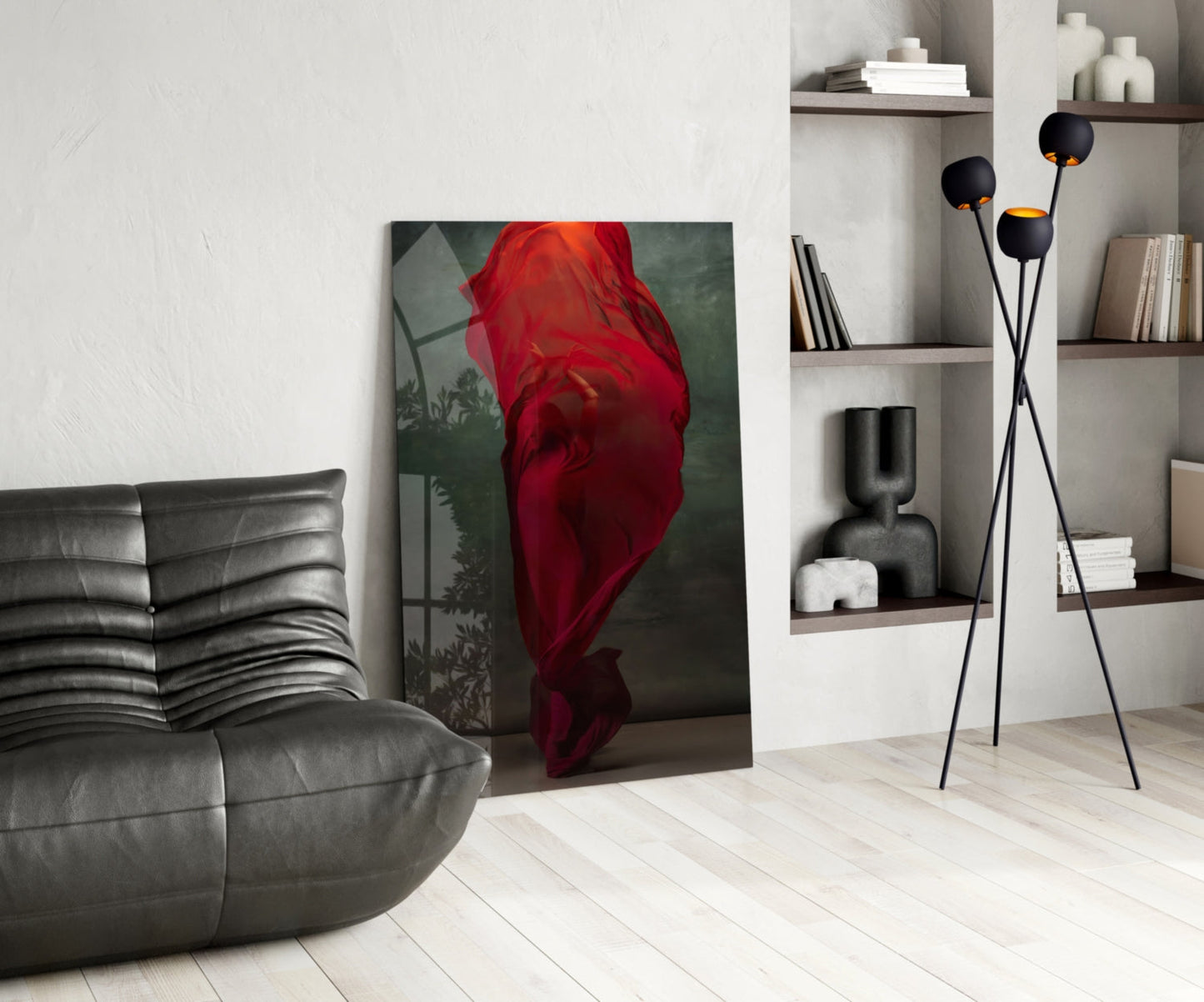 Crimson Silk Veil Dancer Glass Wall Art