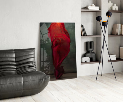 Crimson Silk Veil Dancer Glass Wall Art