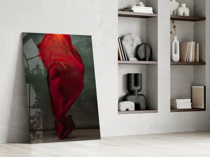Crimson Silk Veil Dancer Glass Wall Art