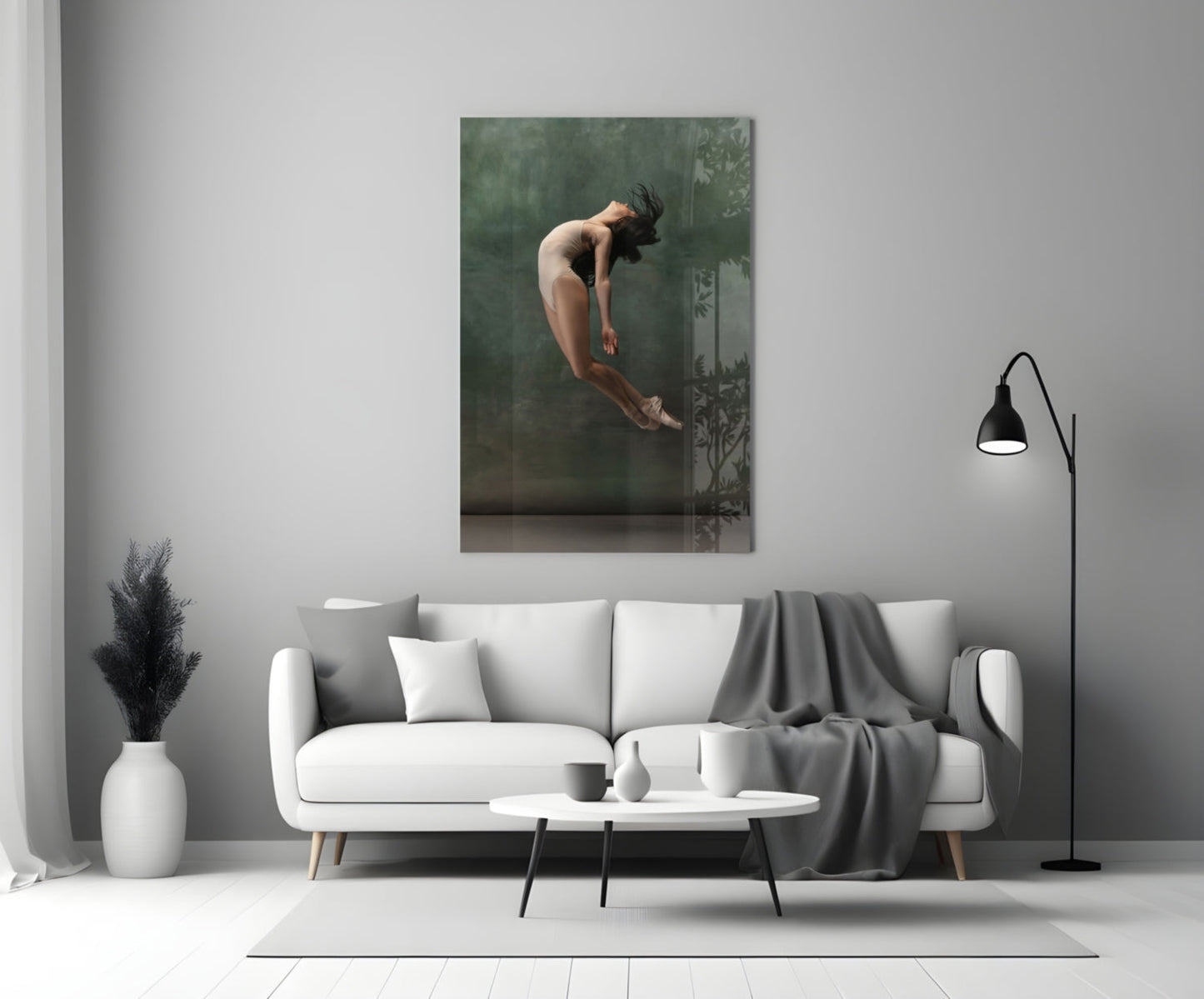Curled Midair Leap Ballerina Glass Wall Art