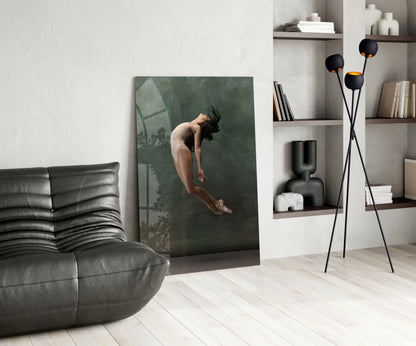 Curled Midair Leap Ballerina Glass Wall Art