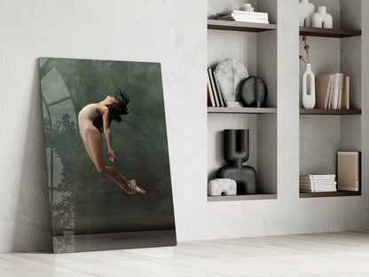 Curled Midair Leap Ballerina Glass Wall Art