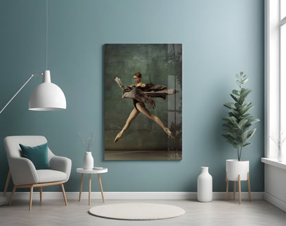 Leaping Ballerina Brown Drape Glass Wall Art