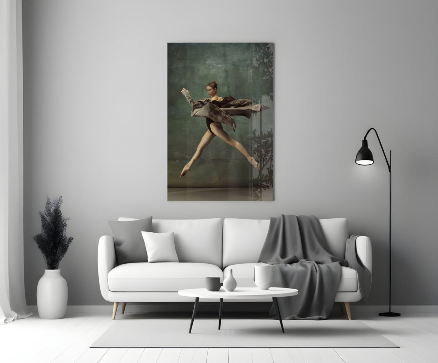 Leaping Ballerina Brown Drape Glass Wall Art