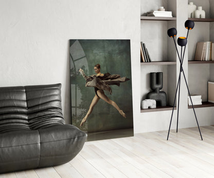 Leaping Ballerina Brown Drape Glass Wall Art