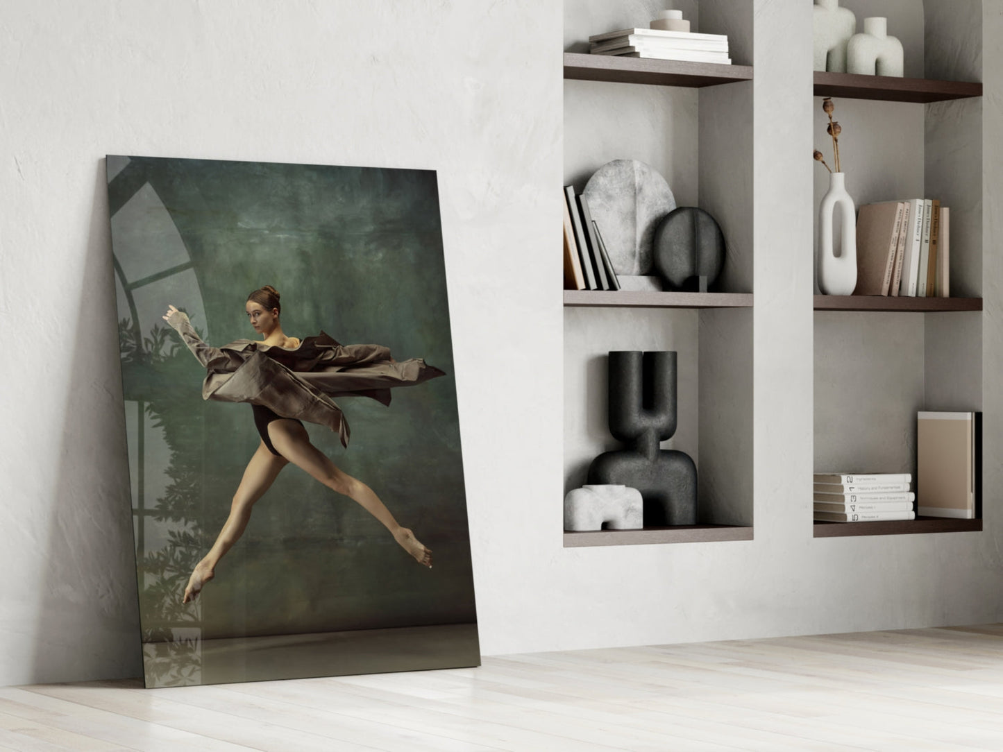 Leaping Ballerina Brown Drape Glass Wall Art