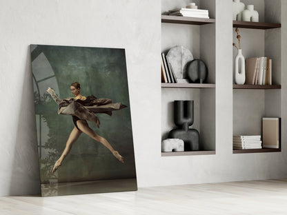 Leaping Ballerina Brown Drape Glass Wall Art
