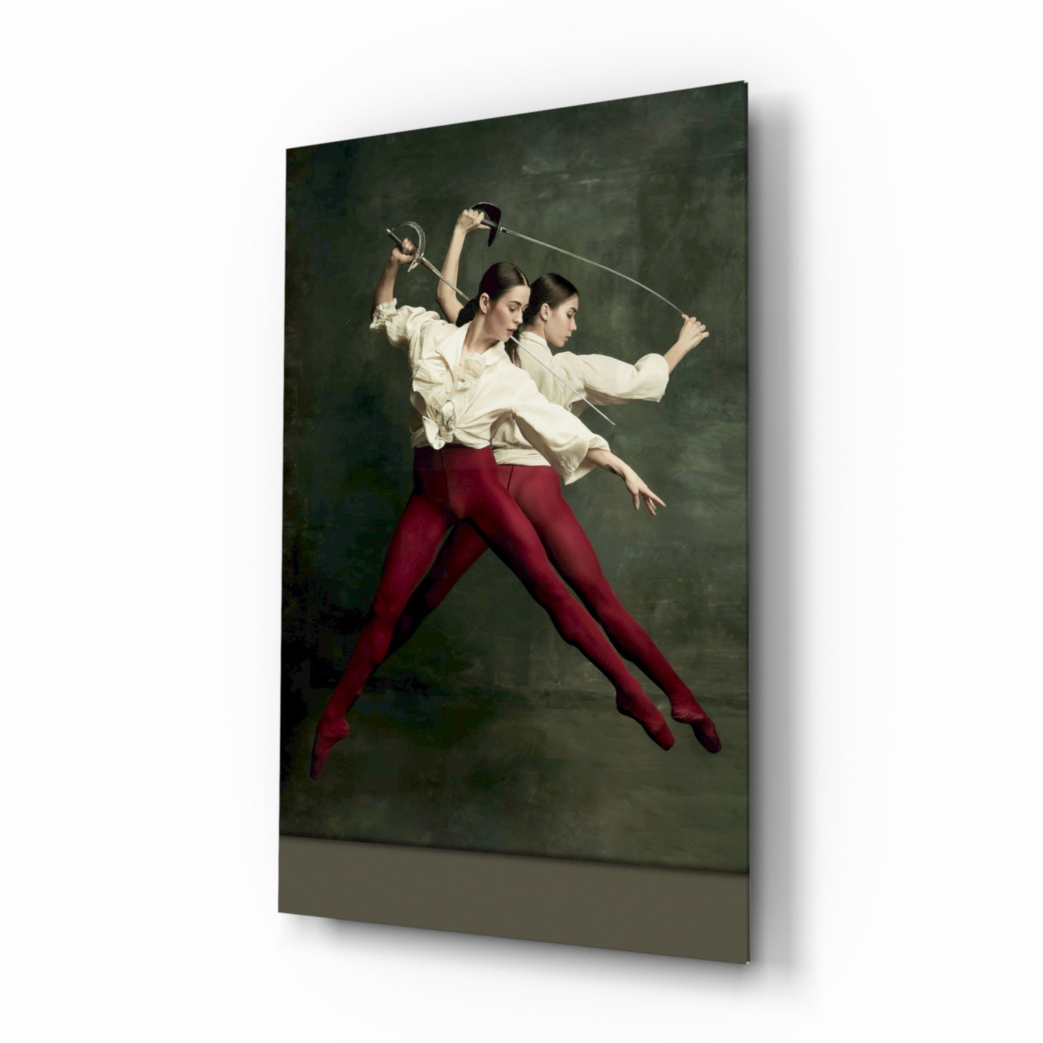 Two fencers in white shirts and burgundy pants leap mid-air against dark green background on glass wall art panel.