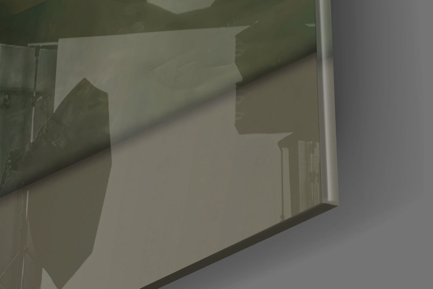 Close-up angled view of frosted glass panel showing shadow cast by fence railings and natural light gradient across surface.