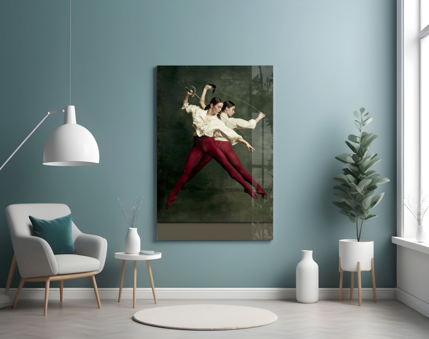 Fencing glass wall art depicting two fencers in cream shirts and red pants mid-duel against dark background, displayed in modern room setting.