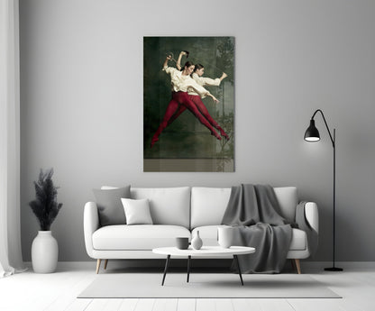 Glass wall art depicting two fencers in cream shirts and burgundy pants mid-lunge against a dark green background, displayed above a white sofa.