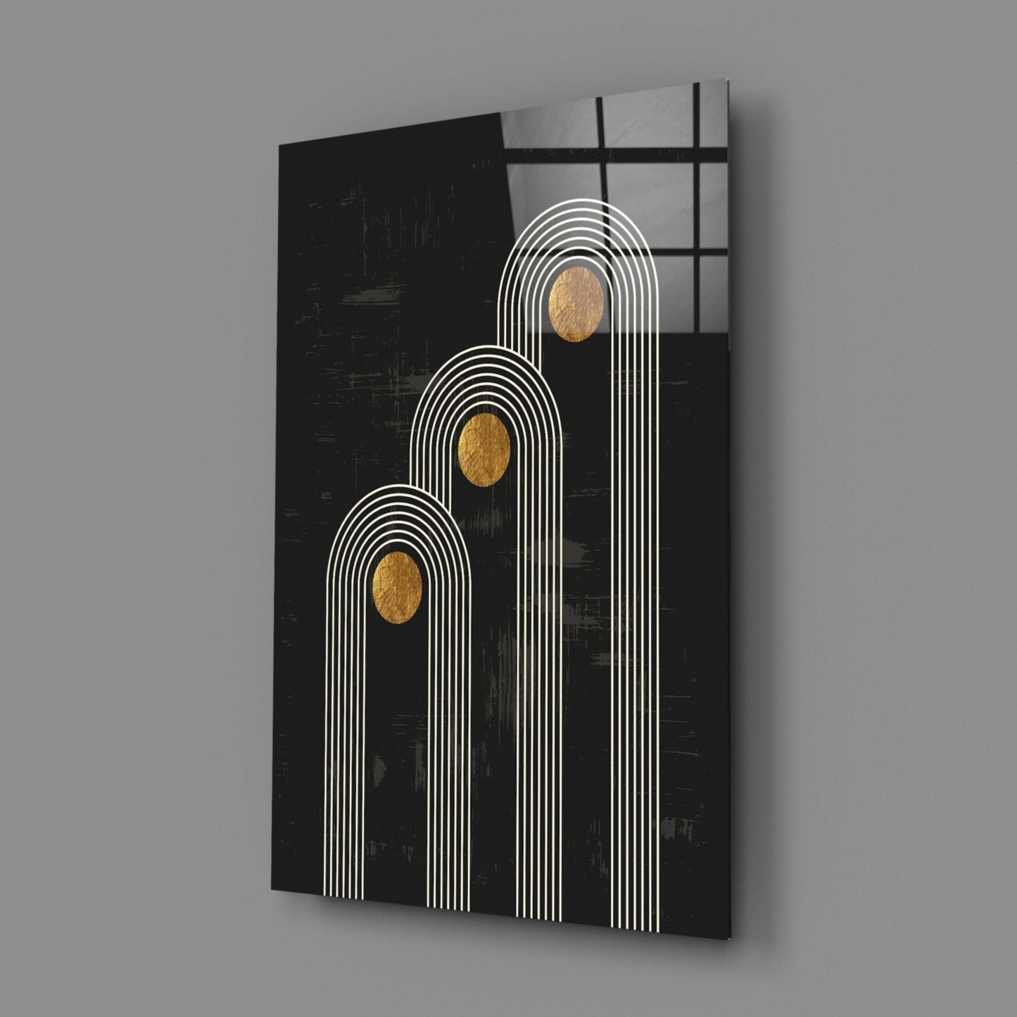Three white-lined arches with gold oval centers on black glass panel, angled view showing depth and shadow.